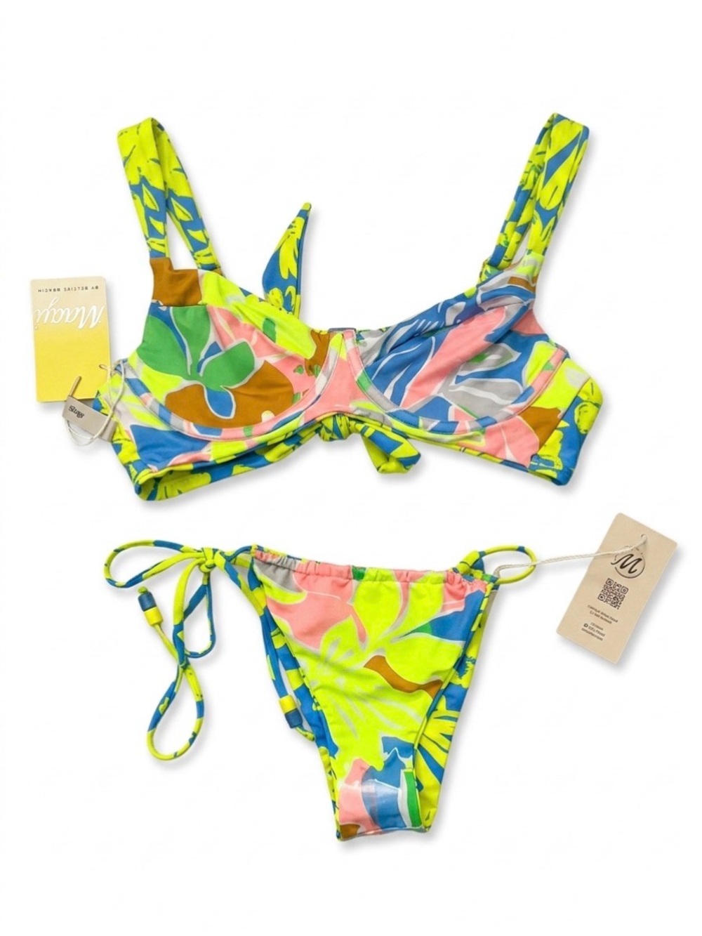 NWT Maaji Reversible Blue & Neon Yellow Floral Tie-Side Bikini Set Large - Picture 6 of 6